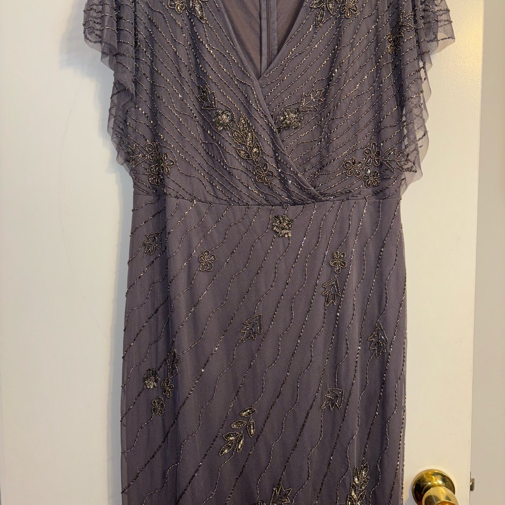 Adrianna Papell Charcoal Dress with Gold Embellishments